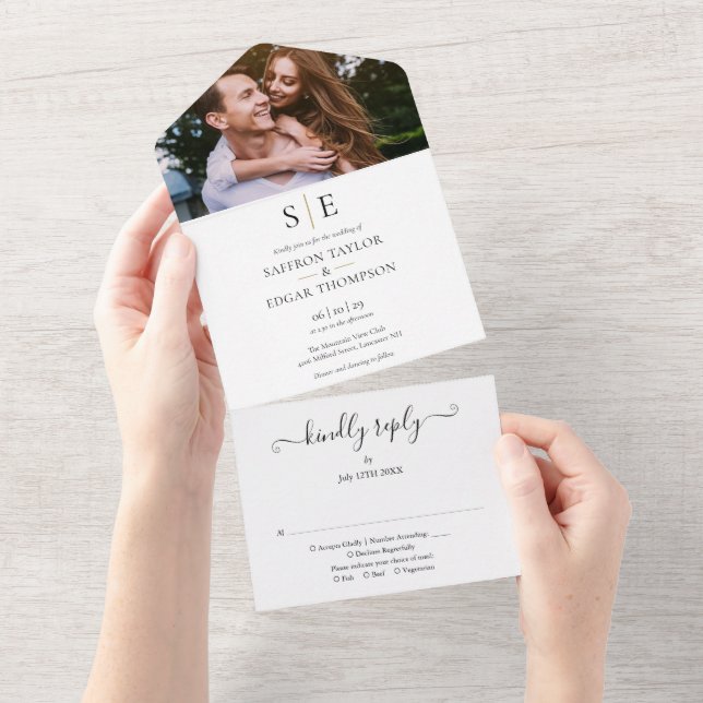 Monogram Gold and Black Foto Wedding All In One Einladung (Abreißen)