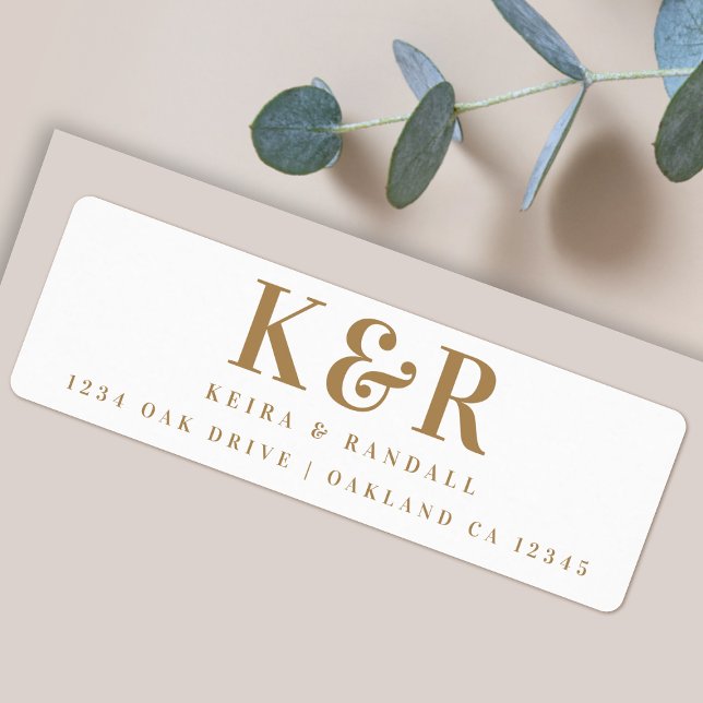 Monogram Gold and White Rücksendeadresse Wedding (An elegant gold and white return address label, perfect for couples, wedding or everyday mail)