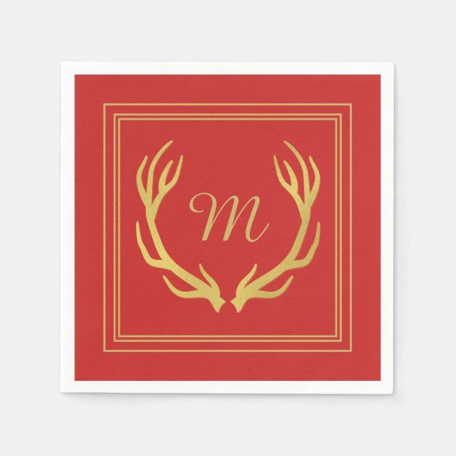 Monogram Gold Antlers Weihnachtsbuch Napkin | Rot Serviette (Vorderseite)