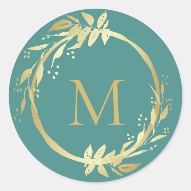 Monogram Gold Aquamariner Weihnachtskranz Umschlag Runder Aufkleber (Vorderseite)