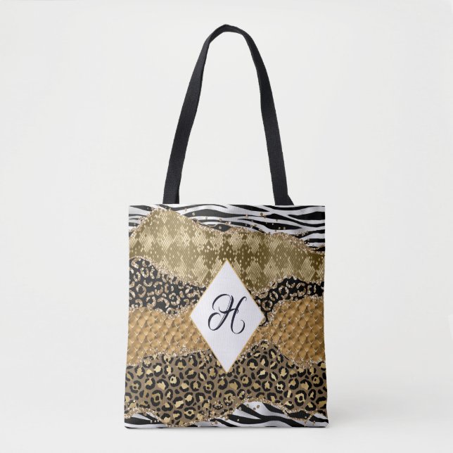 Monogram Gold Black Animal Print Safari (Vorderseite)