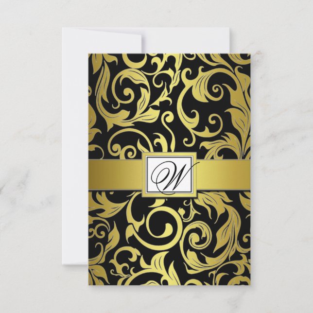 Monogram Gold & Black Damask RSVP Cards Karte (Vorderseite)