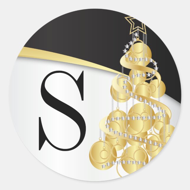 Monogram Gold & Black Frohe Weihnachten Runder Aufkleber (Vorderseite)