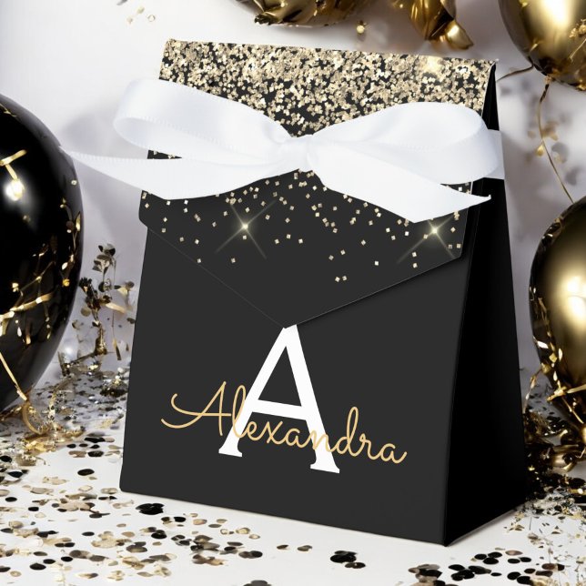 Monogram Gold Black Luxe Glitzer Geschenkschachtel (Von Creator hochgeladen)