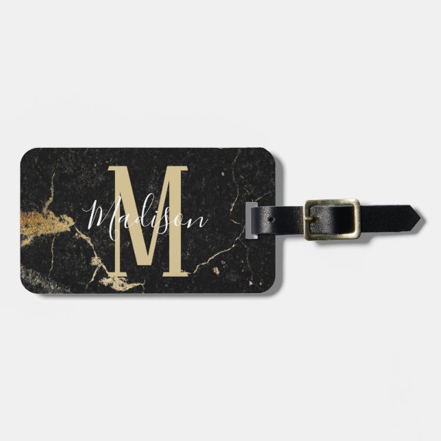 Monogram Gold Black Marble Gepäckanhänger (Vorderseite horizontal)