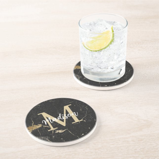 Monogram Gold Black Marble Getränkeuntersetzer (Seite)