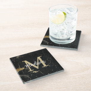 Monogram Gold Black Marble Glasuntersetzer