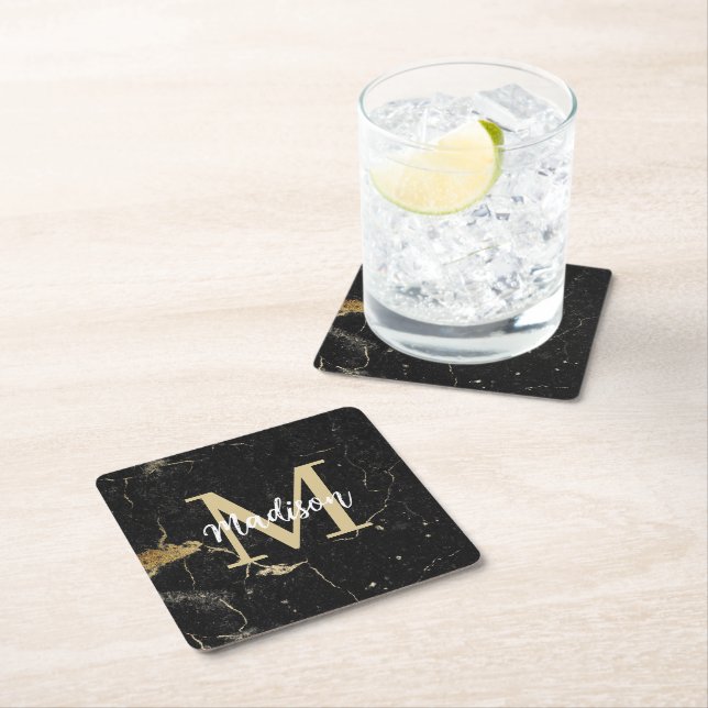Monogram Gold Black Marble Rechteckiger Pappuntersetzer (Vor Ort)