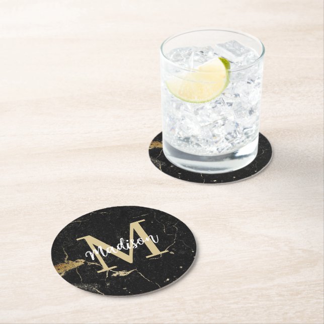 Monogram Gold Black Marble Runder Pappuntersetzer (Vor Ort)