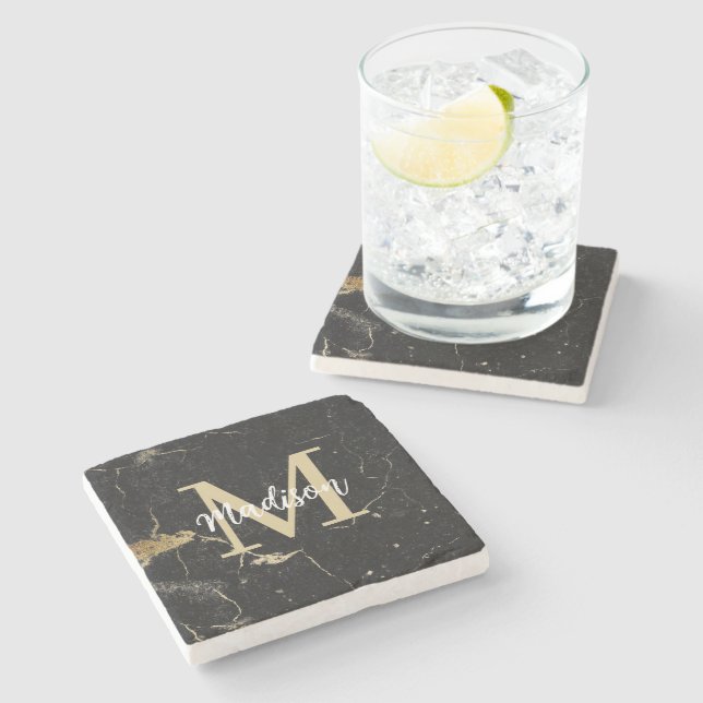 Monogram Gold Black Marble Steinuntersetzer (Seitenansicht)