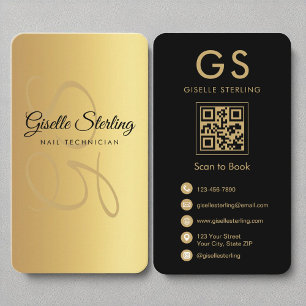Monogram Gold Black QR Code für Nageltechniker Visitenkarte