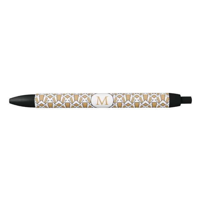 Monogram Gold, Black, White Art Deco Blume Kugelschreiber (Vorderseite)