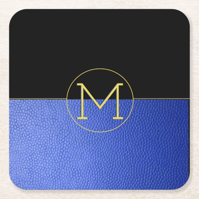 Monogram Gold Circle Blue Imitats Leather & Black Rechteckiger Pappuntersetzer (Vorderseite)