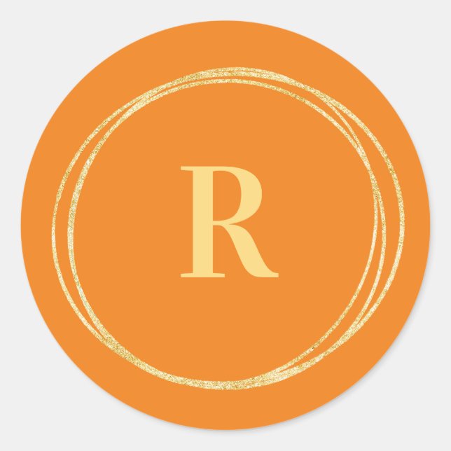 Monogram Gold Circle Lines Orange Runder Aufkleber (Vorderseite)