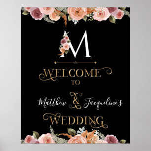 Monogram Gold Floral Blush Black Begrüßung Poster