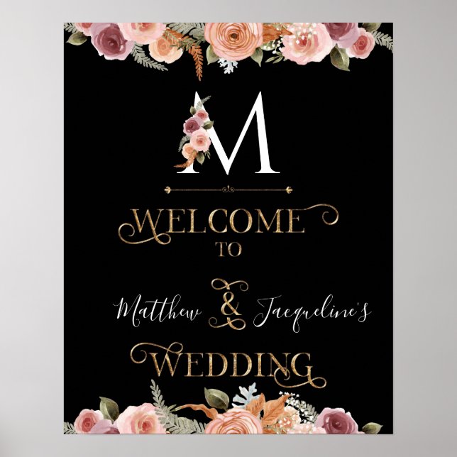 Monogram Gold Floral Blush Black Begrüßung Poster (Vorne)