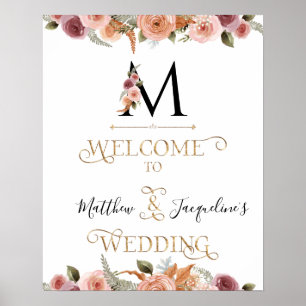 Monogram Gold Floral Calligraphy Welcome Wedding Poster