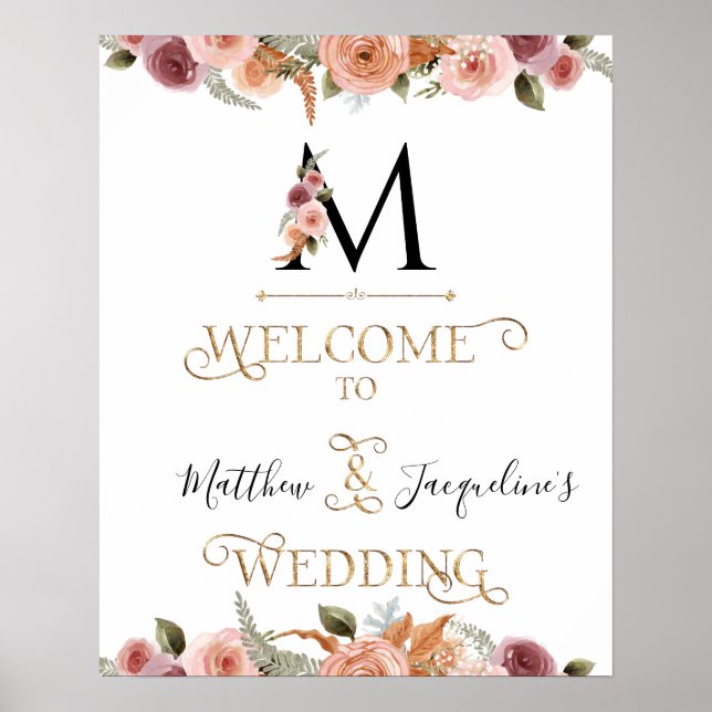 Monogram Gold Floral Calligraphy Welcome Wedding Poster (Vorne)