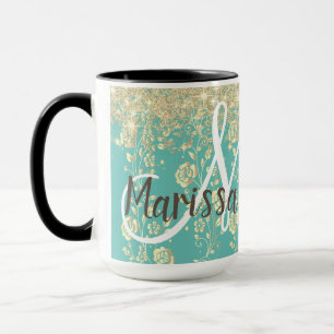 Monogram Gold Floral on Green Aquamarin Glitzer Tasse