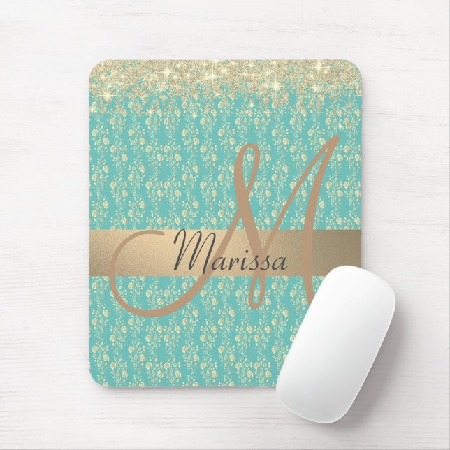 Monogram Gold Floral on Green Aquamarin          Mousepad (Mit Mouse)