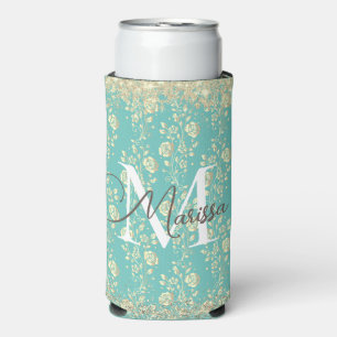 Monogram Gold Floral on Green Aquamarin Selters Dosenkühler