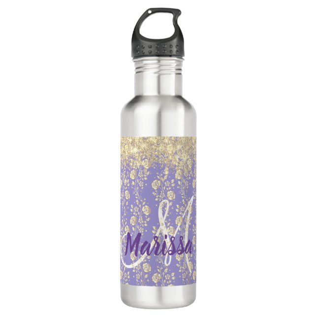 Monogram Gold Floral on Lavender Edelstahlflasche (Vorderseite)
