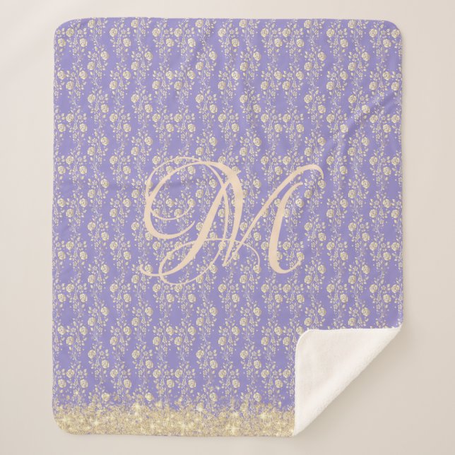 Monogram Gold Floral on Lavender Sherpa Bl Sherpadecke (Vorderseite)