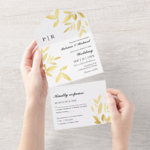Monogram Gold Foil Blätter Elegante Hochzeit All In One Einladung