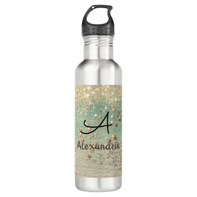 Monogram Gold Glitzer auf Sea Green Edelstahlflasche (Vorderseite)