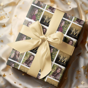 Monogram Gold Glitzer Foto Weihnachten Geschenkpapier