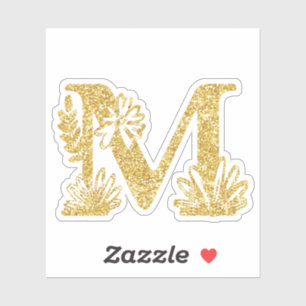 Monogram Gold Glitzer Initial M Floral Sticker