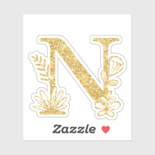 Monogram Gold Glitzer Initial N Floral Sticker