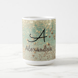 Monogram Gold Glitzer Stars auf Sea Green Verwandlungstasse