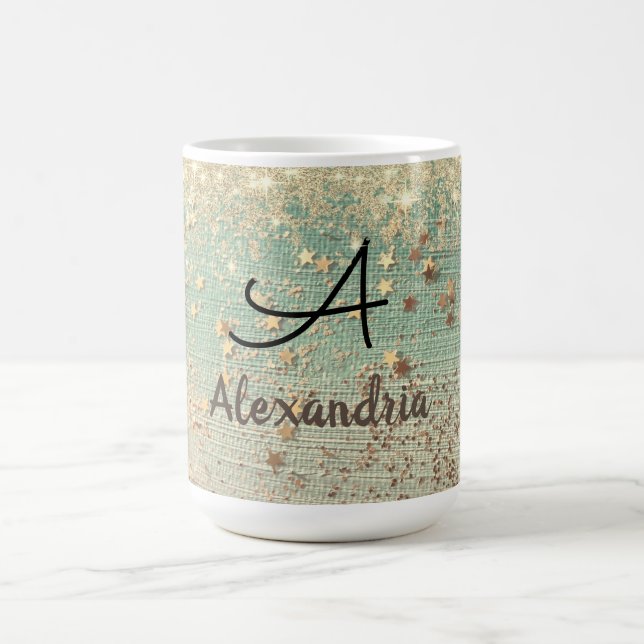 Monogram Gold Glitzer Stars auf Sea Green Verwandlungstasse (Zentrum)