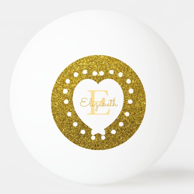 Monogram Gold Glitzer White Heart hinzufügen Tischtennisball (Rückseite)