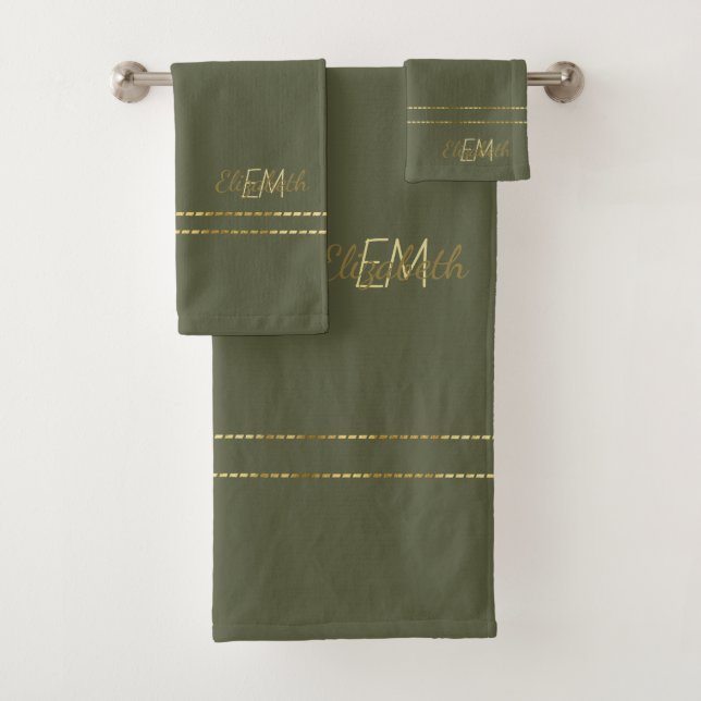 Monogram Gold Green Moderne Minimalistisch Stylish Badhandtuch Set (Insitu)