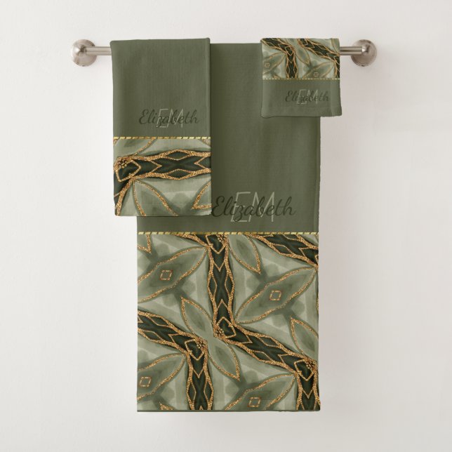 Monogram Gold Green Stilvoll modern Badhandtuch Set (Insitu)
