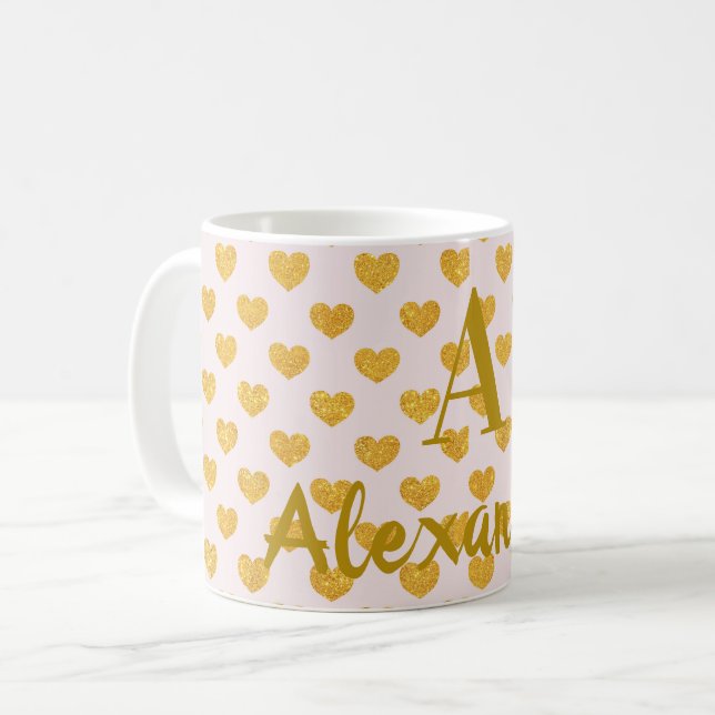 Monogram Gold Hearts rosa Personalisiert Name Kaffeetasse (Vorderseite Links)