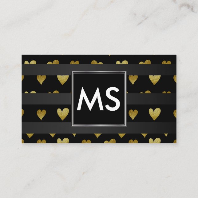 Monogram | Gold Hearts | Stripes Visitenkarte (Vorderseite)