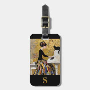 Monogram Gold Klimt Klavierdame mit schwarzer Katz Gepäckanhänger