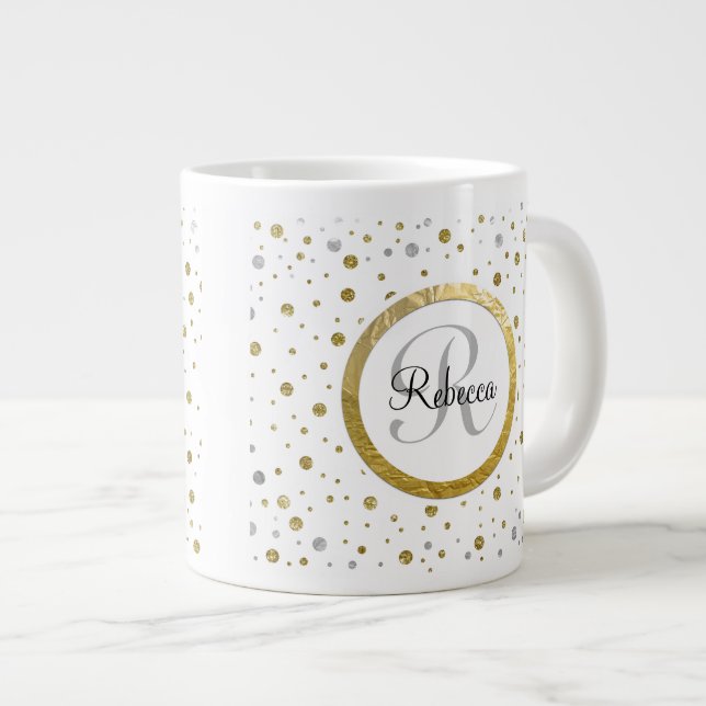 Monogram Gold Leaf Print Silber Confetti Jumbo-Tasse (Vorderseite Rechts)