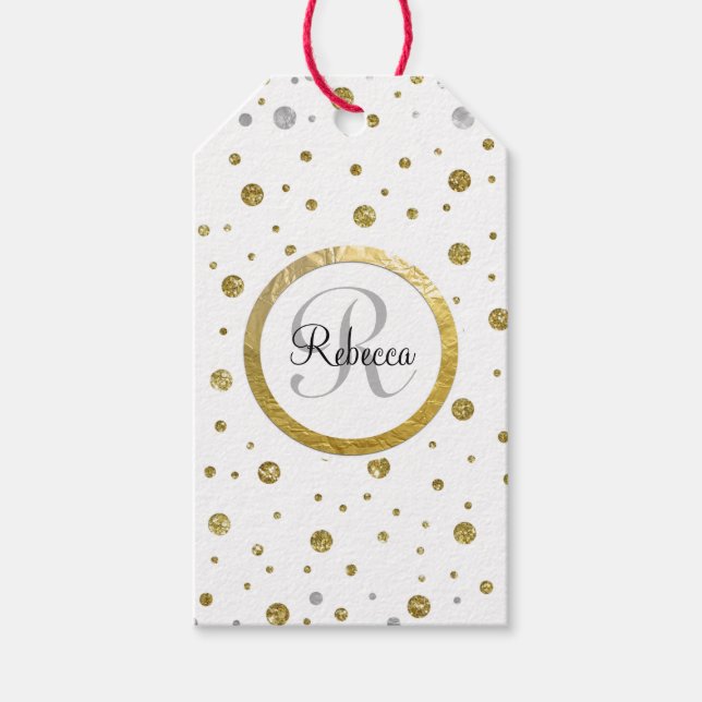 Monogram Gold Leaf Print Silver Confetti Geschenkanhänger (Vorderseite)