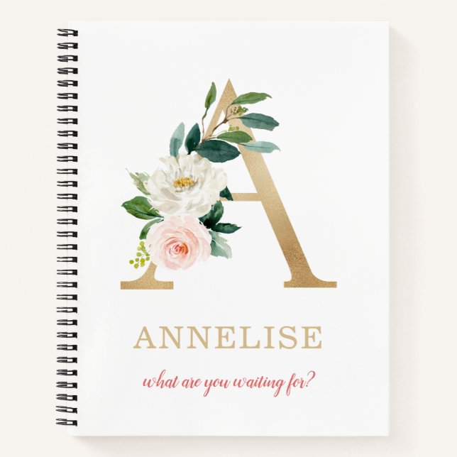 Monogram Gold Letter A | Blumenmotto oder Zitat Notizbuch (Vorderseite)