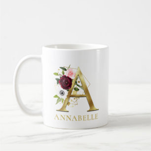 Monogram Gold Letter A   Floral Pink Burgundy Name Kaffeetasse