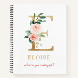 Monogram Gold Letter E | Blumenmotto oder Zitat Notizbuch
