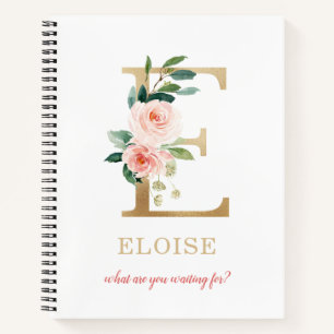 Monogram Gold Letter E Blumenmotto oder Zitat Notizbuch