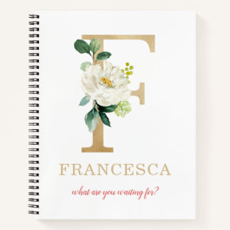 Monogram Gold Letter F | Blumenmotto oder Zitat Notizbuch