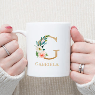 Monogram Gold Letter G | Florrosa weiß grün Kaffeetasse