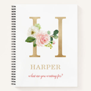 Monogram Gold Letter H   Blumenmotto oder Zitat Notizbuch