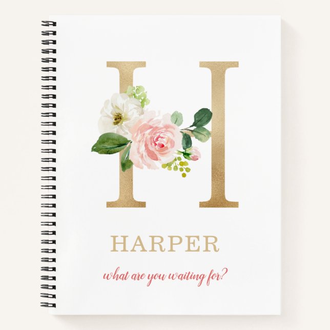 Monogram Gold Letter H | Blumenmotto oder Zitat Notizbuch (Vorderseite)